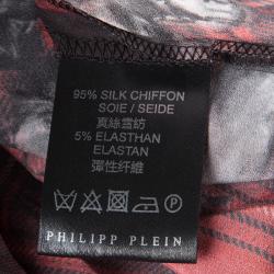 Pre Owned Philipp Plein Red Checked Silk British Horses Print Pleat Detail Blouse M