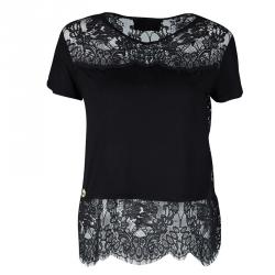 Philipp Plein Couture Black Jersey and Scalloped Lace Sheer Back Detail Top XS