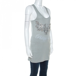 Philipp Plein Grey Cotton Crystal Skull Embellished Sleeveless Tank Top XS 