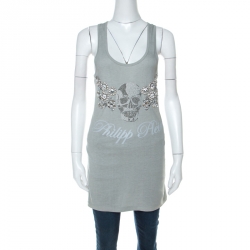 Philipp Plein Grey Cotton Crystal Skull Embellished Sleeveless Tank Top XS 