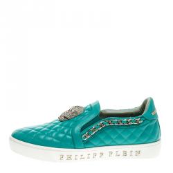 Pre Owned Philipp Plein Turquoise Quilted Leather Crystal Embellished Skull Slip On Sneakers Size 37