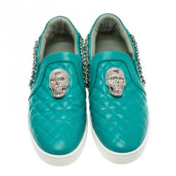 Pre Owned Philipp Plein Turquoise Quilted Leather Crystal Embellished Skull Slip On Sneakers Size 37