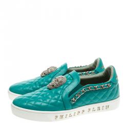 Pre Owned Philipp Plein Turquoise Quilted Leather Crystal Embellished Skull Slip On Sneakers Size 37