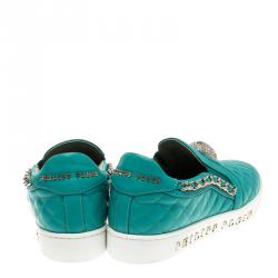 Pre Owned Philipp Plein Turquoise Quilted Leather Crystal Embellished Skull Slip On Sneakers Size 37