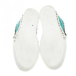 Pre Owned Philipp Plein Turquoise Quilted Leather Crystal Embellished Skull Slip On Sneakers Size 37