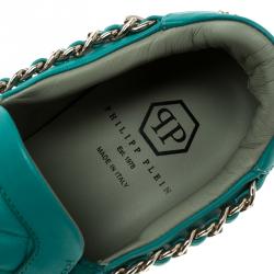 Pre Owned Philipp Plein Turquoise Quilted Leather Crystal Embellished Skull Slip On Sneakers Size 37