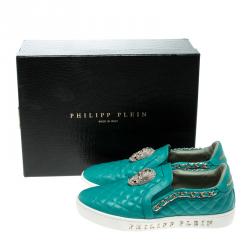 Pre Owned Philipp Plein Turquoise Quilted Leather Crystal Embellished Skull Slip On Sneakers Size 37