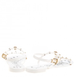 Pre Owned Philipp Plein White Jelly Crystal Skull Embellished T Strap Sandals Size 39