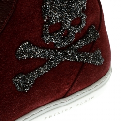Pre Owned Philip Plein Maroon Sude and Leather Embellished Skull High Top Sneakers Size 38