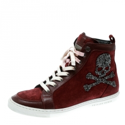 Pre Owned Philip Plein Maroon Sude and Leather Embellished Skull High Top Sneakers Size 38