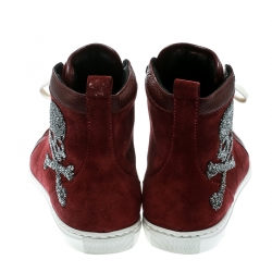 Pre Owned Philip Plein Maroon Sude and Leather Embellished Skull High Top Sneakers Size 38