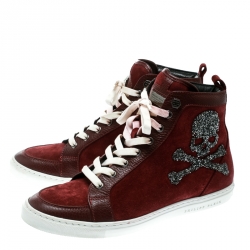 Pre Owned Philip Plein Maroon Sude and Leather Embellished Skull High Top Sneakers Size 38