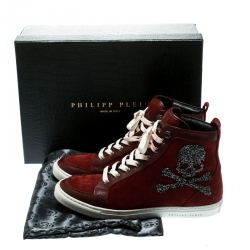 Pre Owned Philip Plein Maroon Sude and Leather Embellished Skull High Top Sneakers Size 38