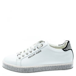 Pre Owned Philipp Plein White Leather Crystal Embellished Lace Up Sneakers Size 40