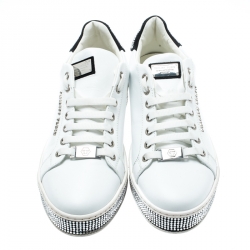 Pre Owned Philipp Plein White Leather Crystal Embellished Lace Up Sneakers Size 40