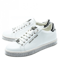 Pre Owned Philipp Plein White Leather Crystal Embellished Lace Up Sneakers Size 40