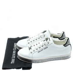 Pre Owned Philipp Plein White Leather Crystal Embellished Lace Up Sneakers Size 40