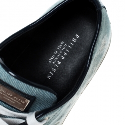 Pre Owned Philipp Plein Blue Denim Skull Cap Toe Lace Up Low Top Sneakers Size 37.5