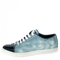 Pre Owned Philipp Plein Blue Denim Skull Cap Toe Lace Up Low Top Sneakers Size 37.5