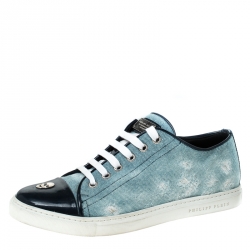 Pre Owned Philipp Plein Blue Denim Skull Cap Toe Lace Up Low Top Sneakers Size 37.5