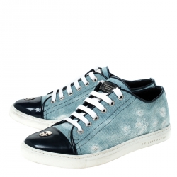 Pre Owned Philipp Plein Blue Denim Skull Cap Toe Lace Up Low Top Sneakers Size 37.5