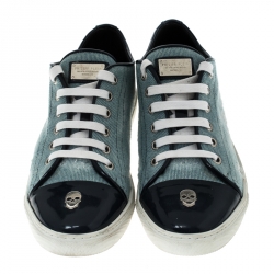 Pre Owned Philipp Plein Blue Denim Skull Cap Toe Lace Up Low Top Sneakers Size 37.5