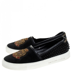 Pre Owned Philipp Plein Black Suede Spike Embellished Slip On Sneakers Size 40