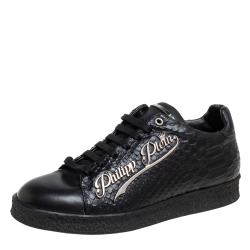 Black Python Embossed Leather Low Top Sneakers