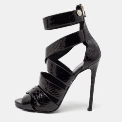 Black Python Embossed Leather Strappy Sandals