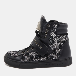 Black Leather Crystal Embellished Top Sneakers