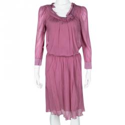 Philosophy di Alberta Ferretti Pink Silk Frayed Neck Detail Long Sleeve Dress S
