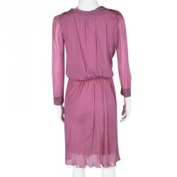 Philosophy di Alberta Ferretti Pink Silk Frayed Neck Detail Long Sleeve Dress S