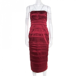 Pre Owned Philosophy di Alberta Ferretti Red Satin Pleated Strapless Dress M