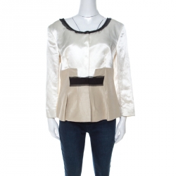 Philosophy di Alberta Ferretti White and Beige Silk and Linen Lace Trimmed Jacket L 