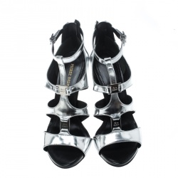 Pre Owned Pierre Balmain Metallic Silver Leather Cage Strappy Sandals Size 37