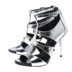 Pre Owned Pierre Balmain Metallic Silver Leather Cage Strappy Sandals Size 37