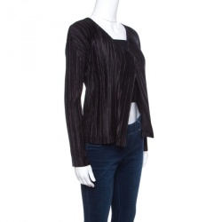 Pleats Please By Issey Miyake Black Plisse Open Front Jacket L