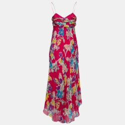 مملوكة مسبقًا Polo Ralph Lauren Pink Floral Silk Spaghetti Strap Midi Dress M