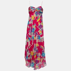 مملوكة مسبقًا Polo Ralph Lauren Pink Floral Silk Spaghetti Strap Midi Dress M