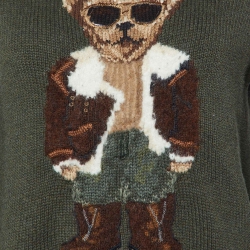 Pre Owned Polo Ralph Lauren Olive Green Bear Intarsia Knit Crew Neck Sweater S