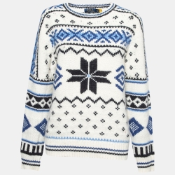 Pre Owned Polo Ralph Lauren White & Blue Patterned Wool Sweater S