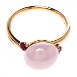 Pomellato Capri Bloom Pink Ceramic & Ruby 18k Rose Gold Ring Size 53