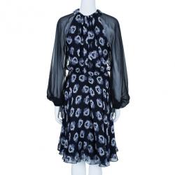 مملوكة مسبقًا فستان برابال غورونغ أكمام طويلة طباعة موردة بفيونكة حرير M