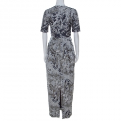 Prabal Gurung Metallic Silver & Navy Jacquard Short Sleeve Dress S