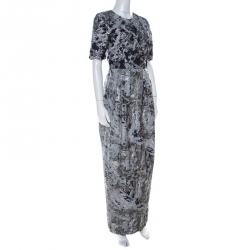 Prabal Gurung Metallic Silver & Navy Jacquard Short Sleeve Dress S