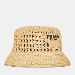 Pre Owned Prada Beige Logo Crochet Raffia Bucket Hat S