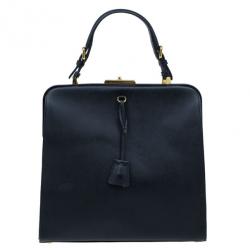 Pre Owned Prada Black Saffiano Leather Framed Top Handle Tote