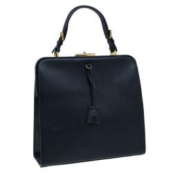 Pre Owned Prada Black Saffiano Leather Framed Top Handle Tote