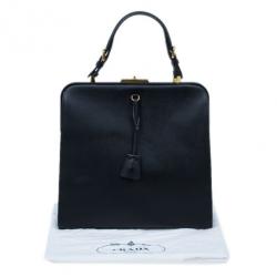 Pre Owned Prada Black Saffiano Leather Framed Top Handle Tote
