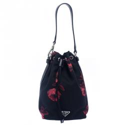Pre Owned Prada Black Floral Print Nylon Drawstring Bucket Bag